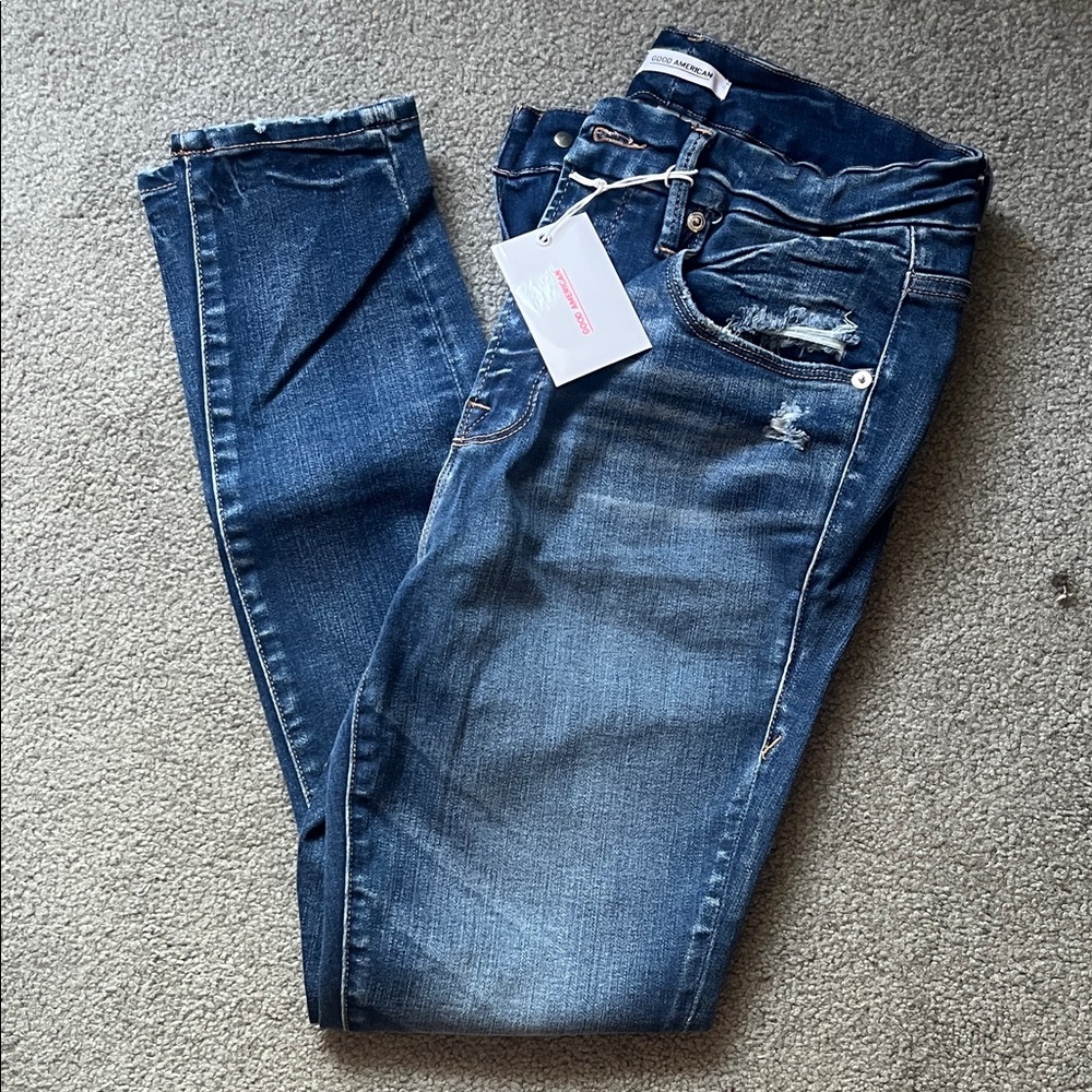 Good American Dark Blue Distressed Good Leg Crop Jeans